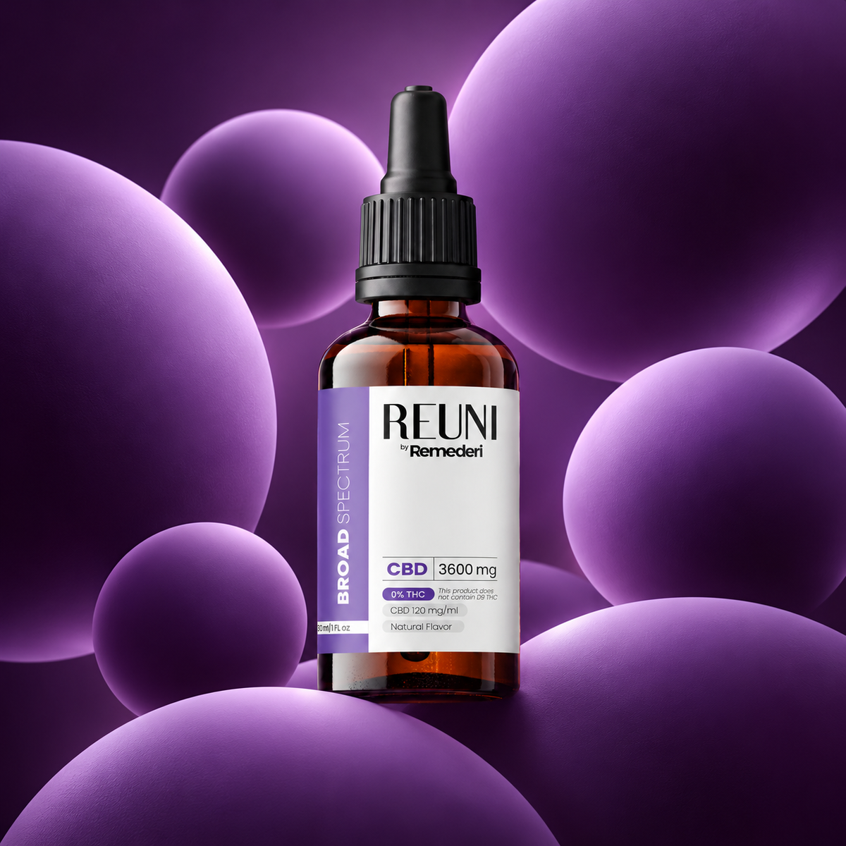 A bottle of REUNI Remedier CBD 3600 mg dropper tincture, set against a stylized background of floating purple spheres.