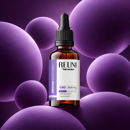 A bottle of REUNI Remedier CBD 3600 mg dropper tincture, set against a stylized background of floating purple spheres.