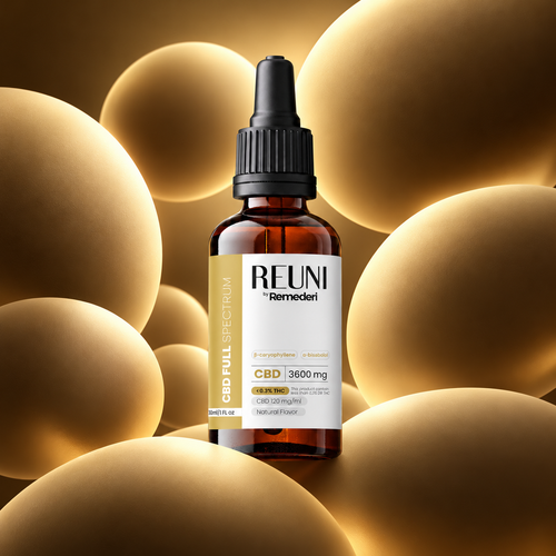 A bottle of REUNI Remedert CBD Full Spectrum tincture, 3600 mg, centered against a background of glowing, golden, egg-like spheres.